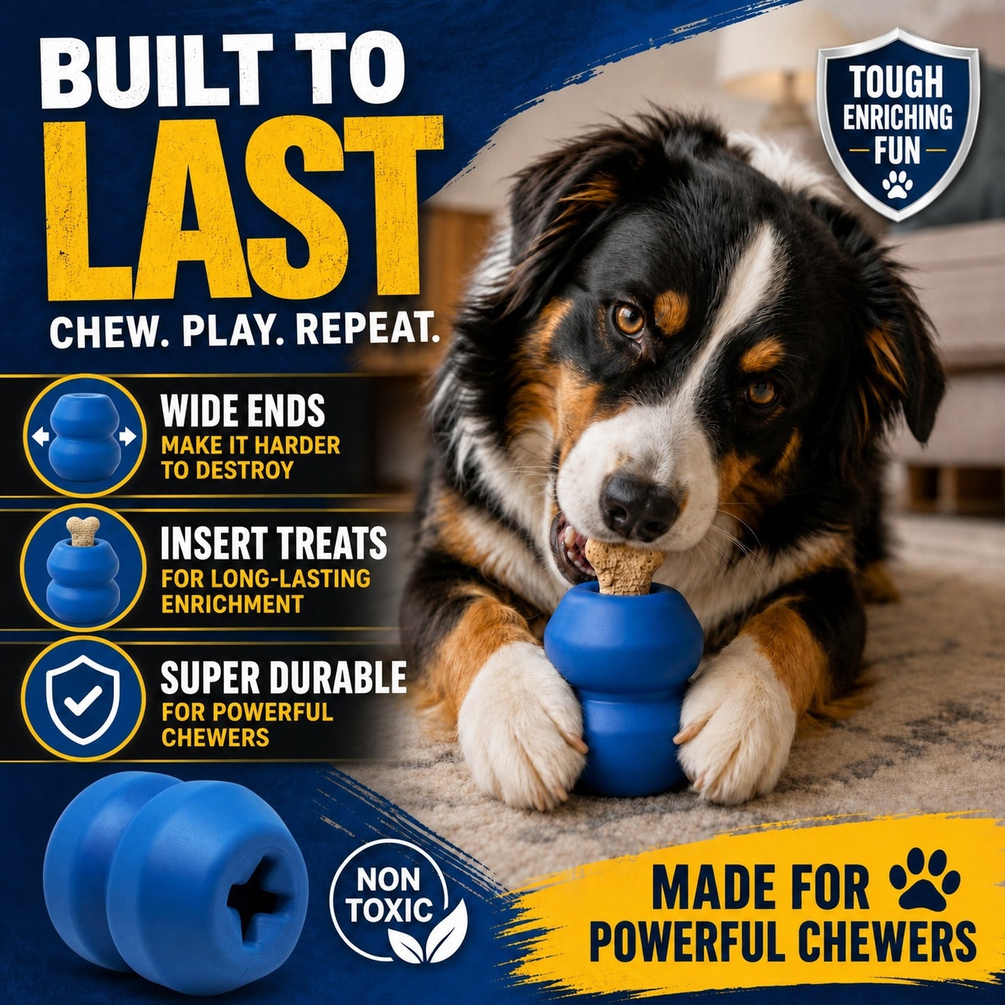 Dog playing with a blue dog toy, surrounded by text highlighting features and benefits.