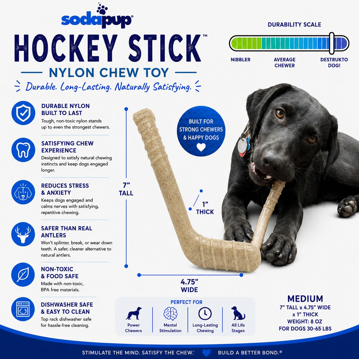 SodaPup Hockey Stick Nylon Dog Chew Toy Ultra-Durable Aggressive Chewers USA