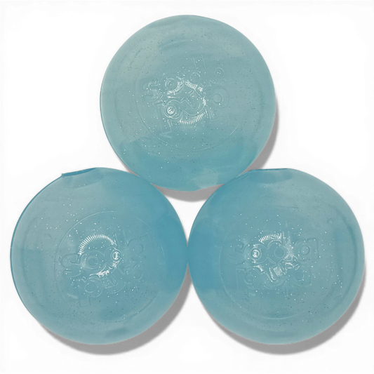 SodaPup Ice Blue Glitter Ball Dog Toy 3-pack Close-Out | Soft PUP-X Rubber Floating Fetch Treat Dispenser USA Made no