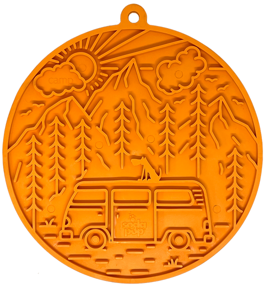 SodaPup Camp eMat Enrichment Lick Mat Dogs Cats Suction Cups | Retro Van Design USA Made Orange E-Mat