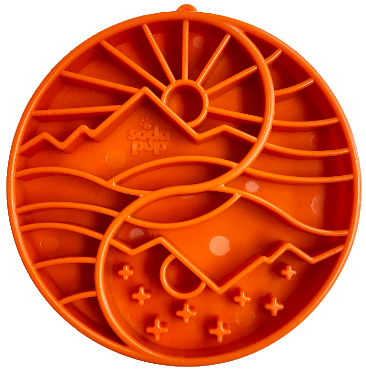 SodaPup Sun Moon eTray Shallow Slow Feeder Dog Bowl Enrichment | USA Made Orange Yin Yang