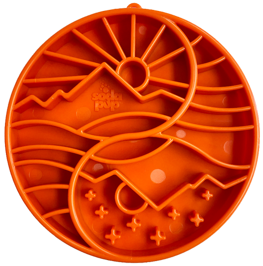 SodaPup Sun Moon eTray Shallow Slow Feeder Dog Bowl Enrichment | USA Made Orange Yin Yang