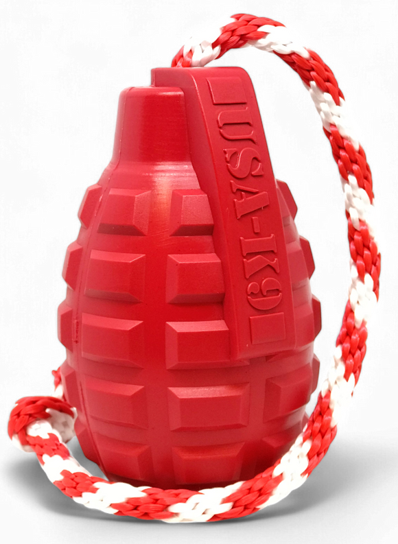 USA-K9 Grenade Durable Rubber Chew Toy, Treat Dispenser, Reward Toy, Tug Toy, and Retrieving Toy