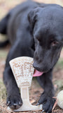 Black dog interacting with a textured chew toy outdoors