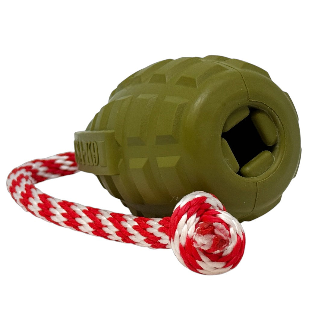 SodaPup USA-K9 Grenade Shaped Rubber Dog Toy Chew, Treat Dispenser & Tug | USA Army Green
