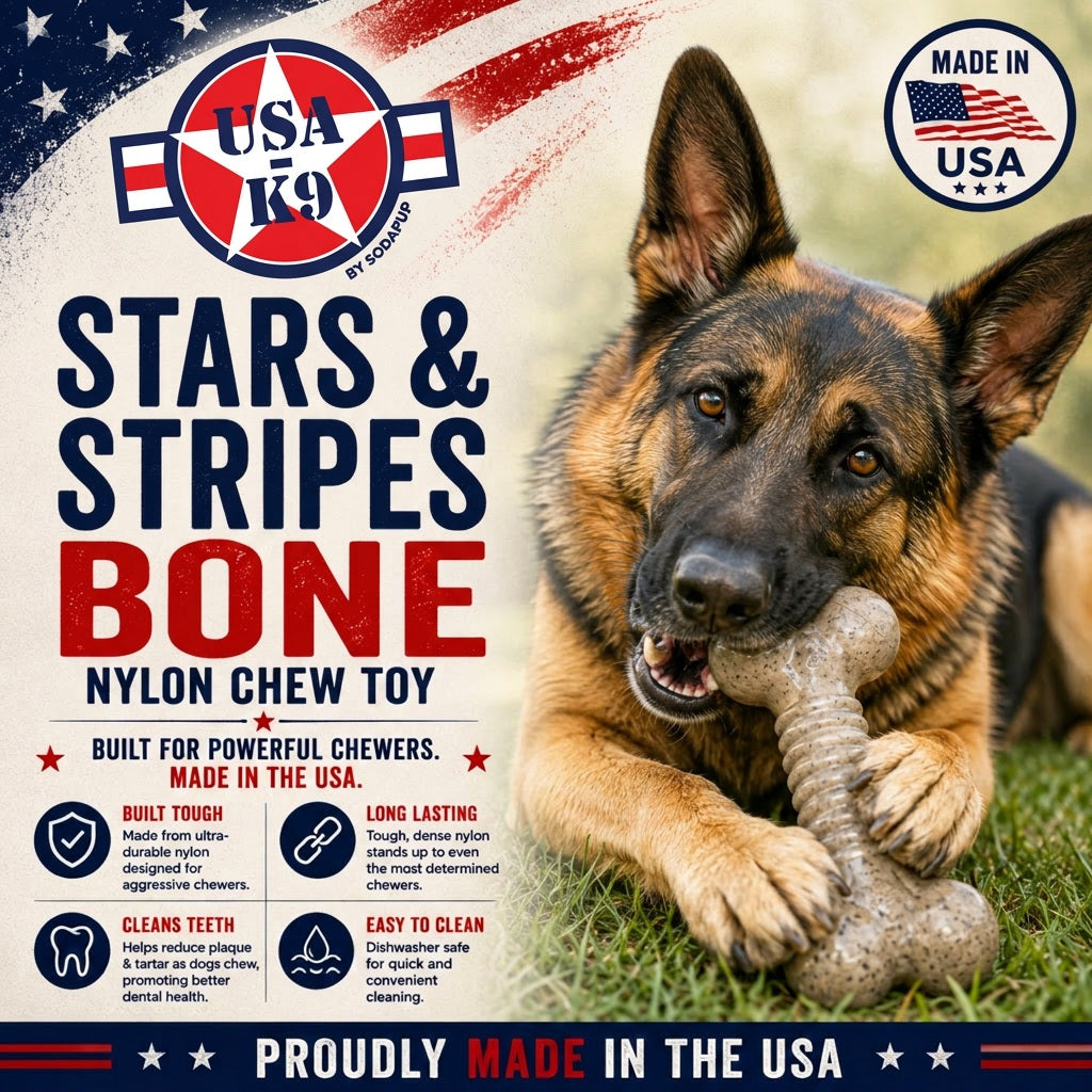 SodaPup USA-K9 Stars Stripes Bone Nylon Dog Chew Toy Aggressive Chewers | USA Made