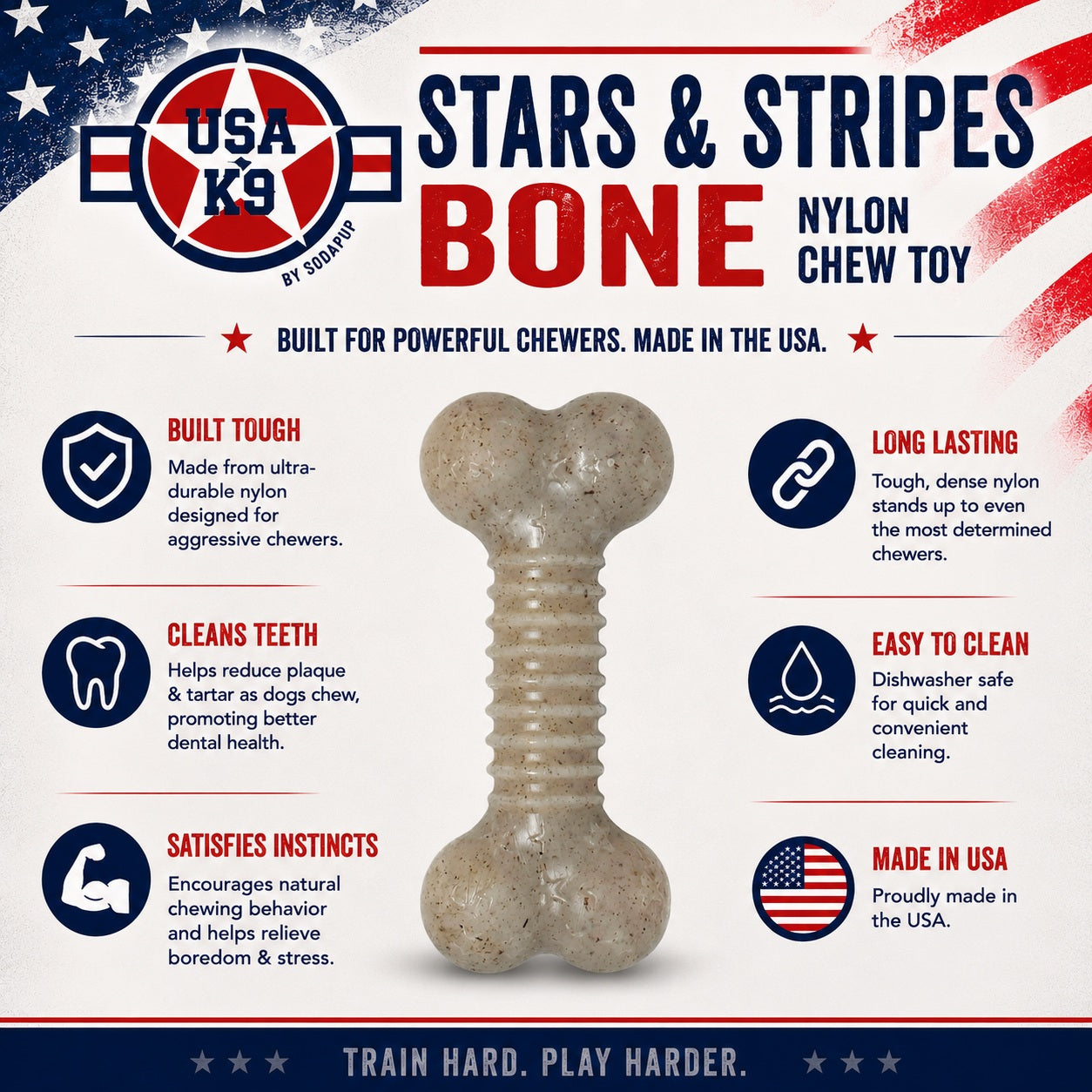 SodaPup USA-K9 Stars Stripes Bone Nylon Dog Chew Toy Aggressive Chewers | USA Made