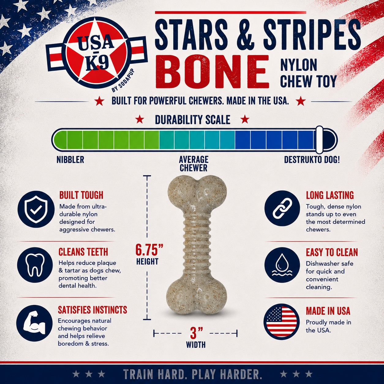 SodaPup USA-K9 Stars Stripes Bone Nylon Dog Chew Toy Aggressive Chewers | USA Made