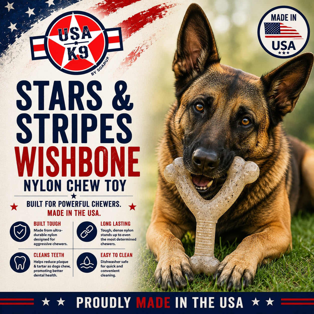 SodaPup USA-K9 Stars Stripes Wishbone Nylon Dog Chew Toy Aggressive Chewers | USA Made