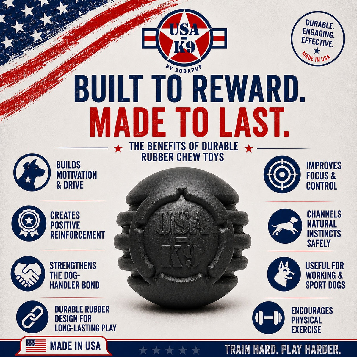 USA-K9 Stars and Stripes Rubber Dog Toy | K9 Handler Reward Toy | Red | USA Made (Copy) - SodaPup/True Dogs, LLC
