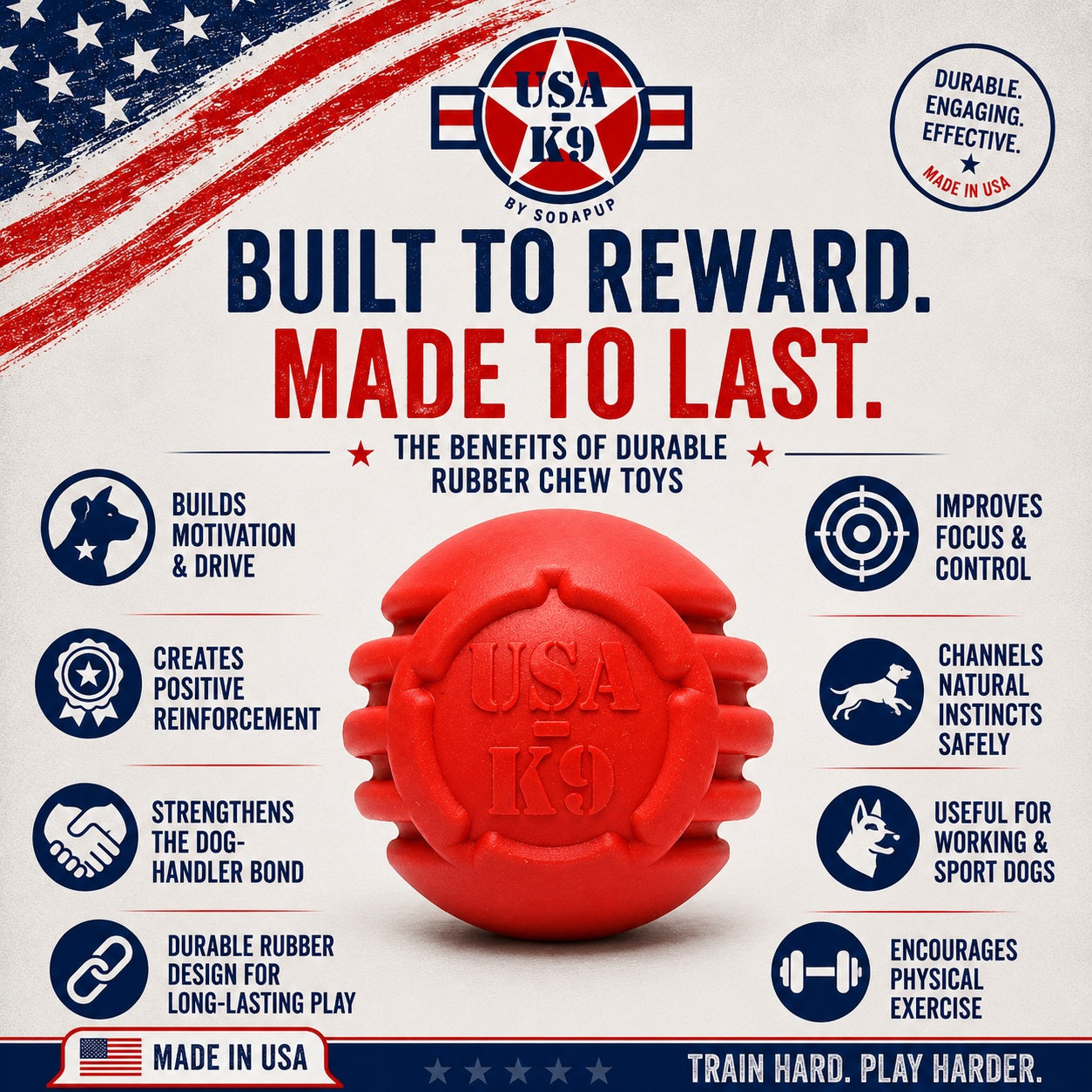 USA-K9 Stars and Stripes Rubber Dog Toy | K9 Handler Reward Toy | Red | USA Made - SodaPup/True Dogs, LLC