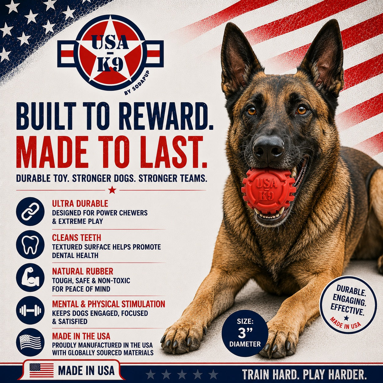 USA-K9 Stars and Stripes Rubber Dog Toy | K9 Handler Reward Toy | Red | USA Made - SodaPup/True Dogs, LLC