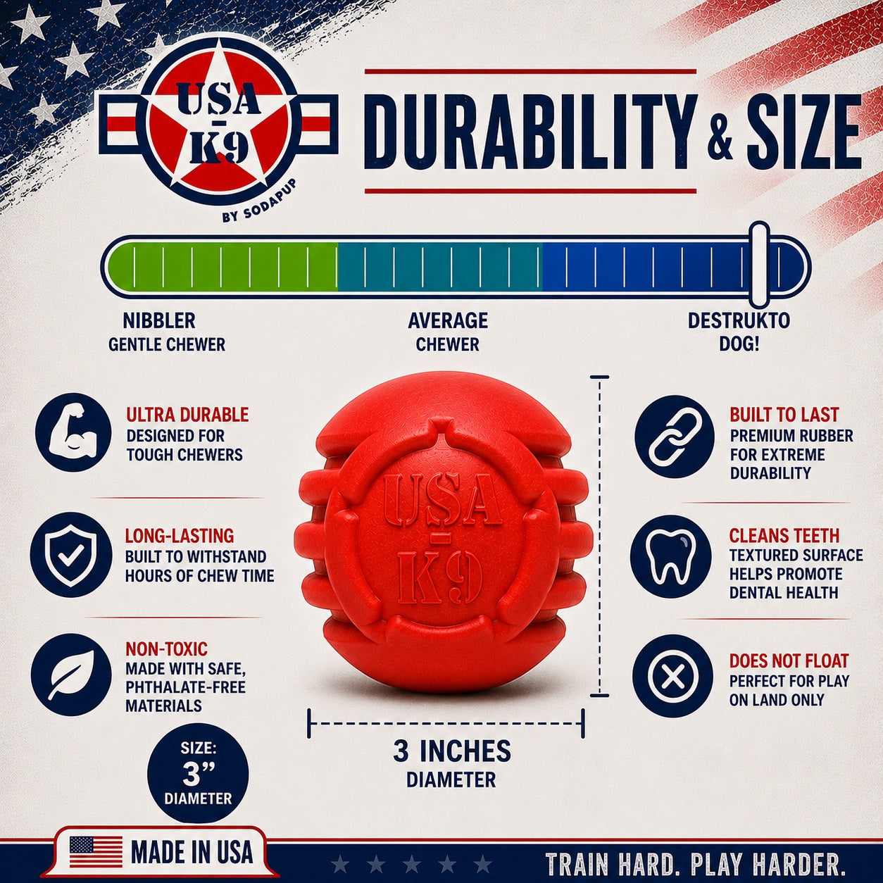 USA-K9 Stars and Stripes Rubber Dog Toy | K9 Handler Reward Toy | Red | USA Made - SodaPup/True Dogs, LLC