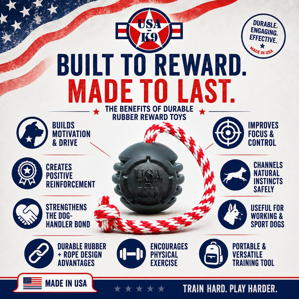 USA-K9 Magnum Stars and Stripes Rubber Dog Toy | K9 Handler Reward Toy | USA Made - SodaPup/True Dogs, LLC