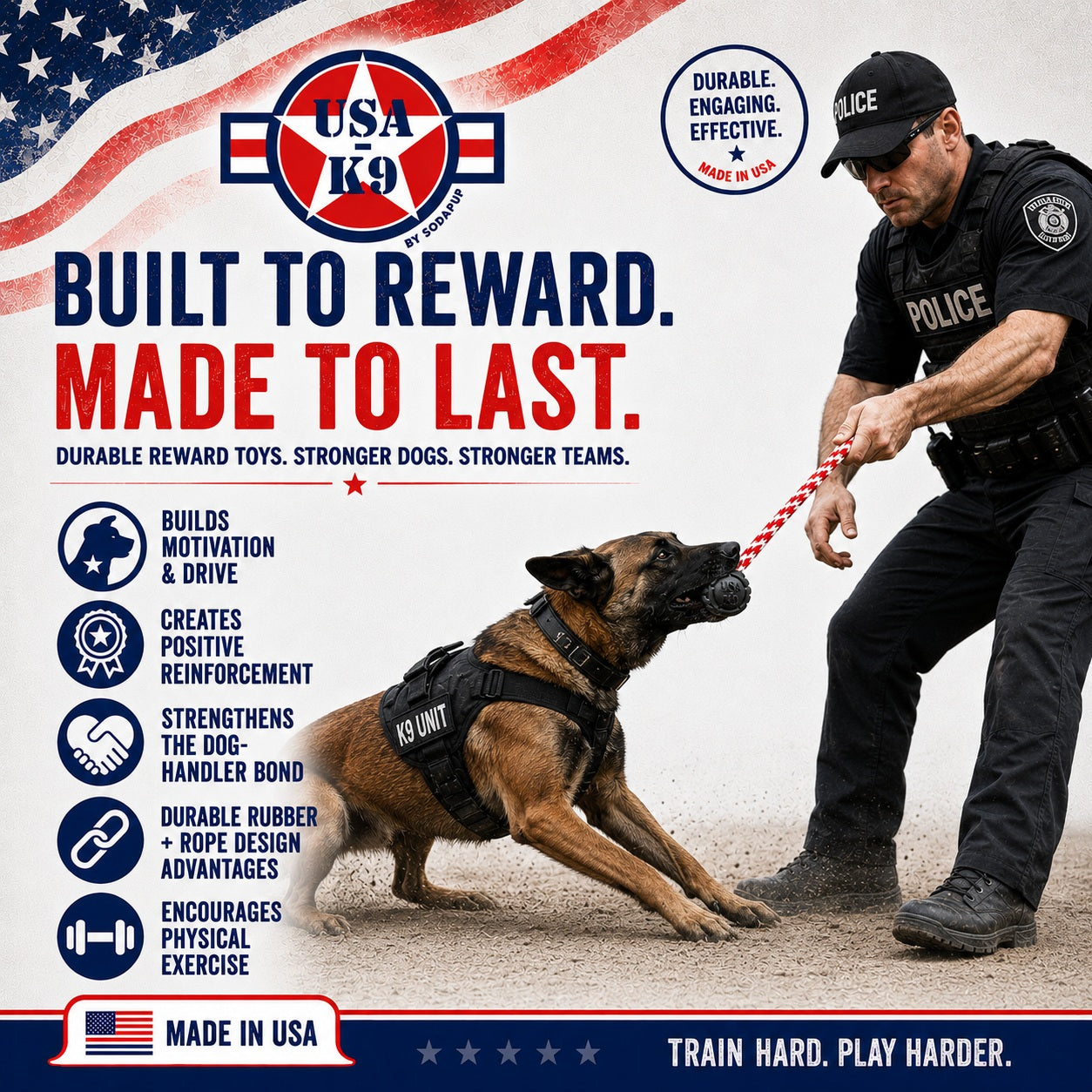 USA-K9 Magnum Stars and Stripes Rubber Dog Toy | K9 Handler Reward Toy | USA Made - SodaPup/True Dogs, LLC