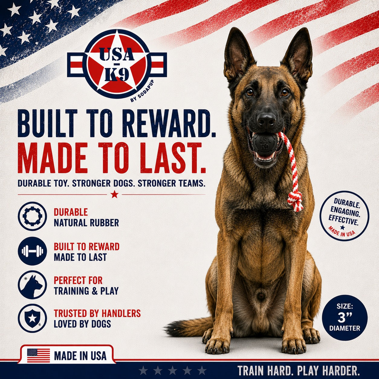 USA-K9 Magnum Stars and Stripes Rubber Dog Toy | K9 Handler Reward Toy | USA Made - SodaPup/True Dogs, LLC