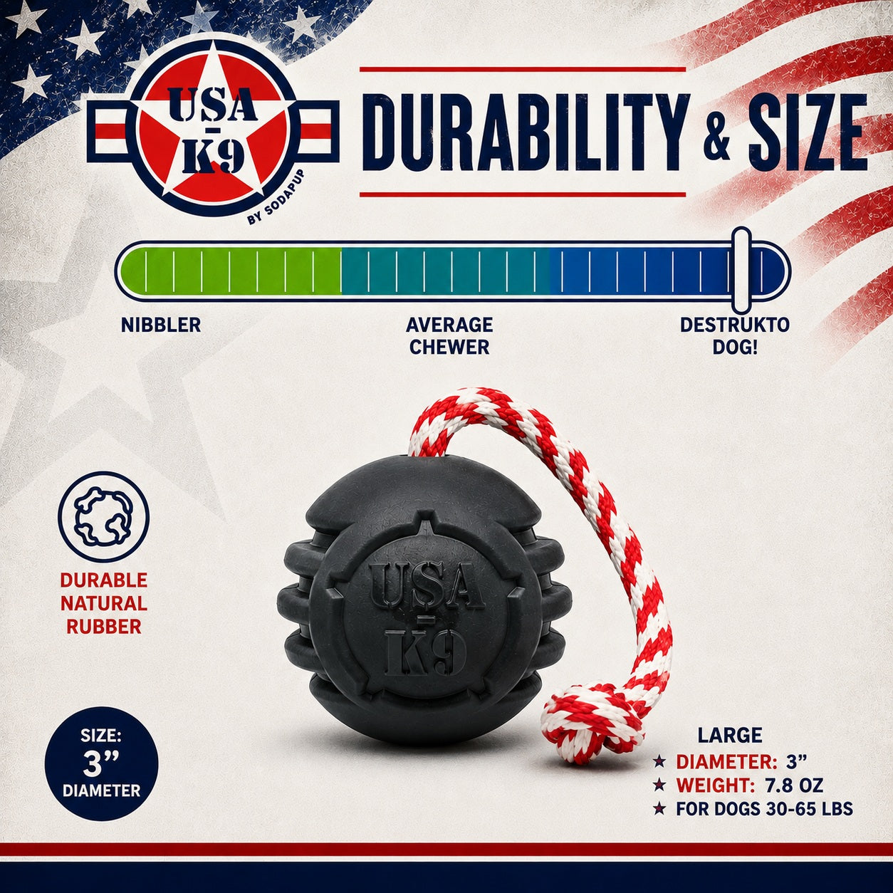 USA-K9 Magnum Stars and Stripes Rubber Dog Toy | K9 Handler Reward Toy | USA Made - SodaPup/True Dogs, LLC