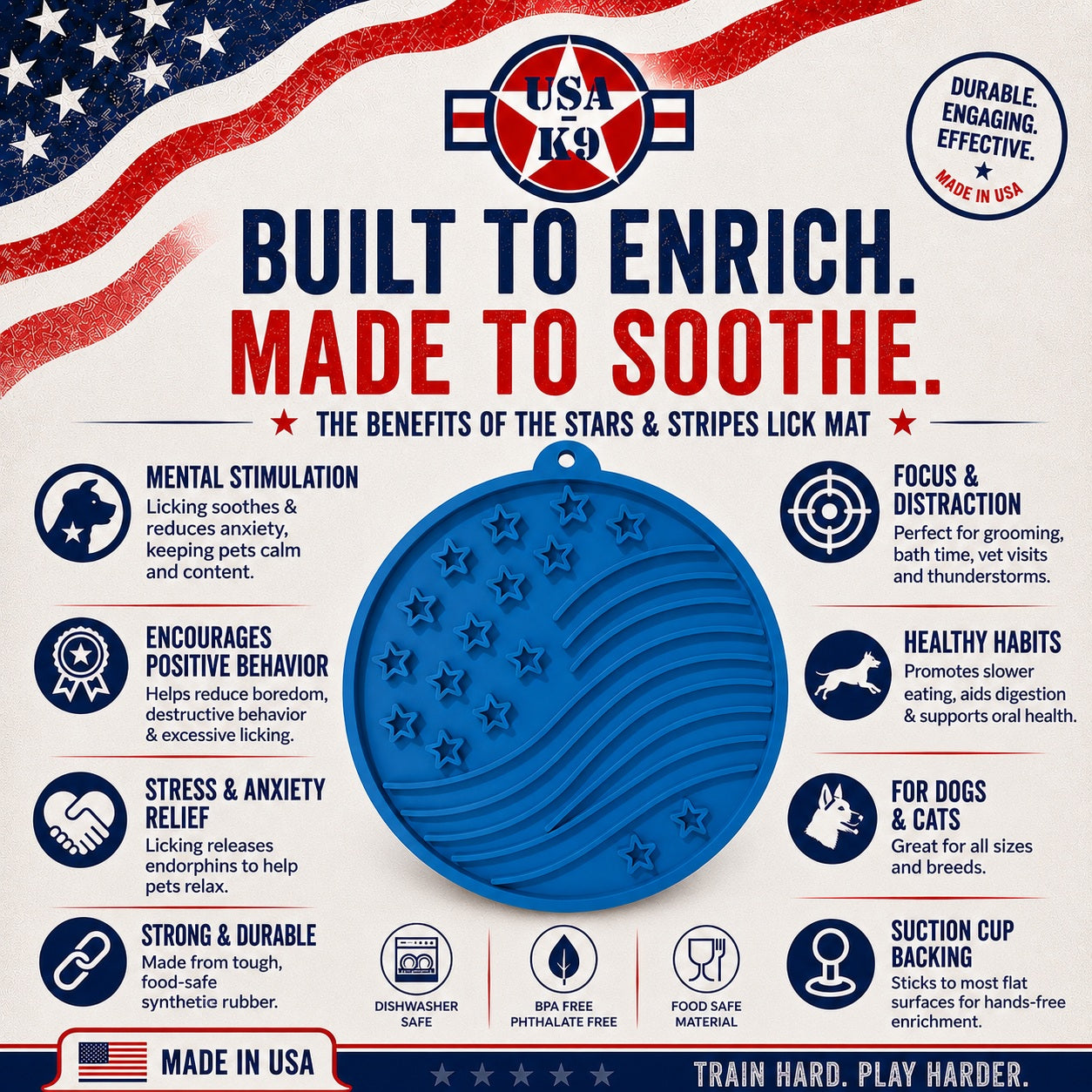 SodaPup USA-K9 Stars Stripes Design eMat Enrichment Lick Mat Dogs Cats Suction Cups | USA Made