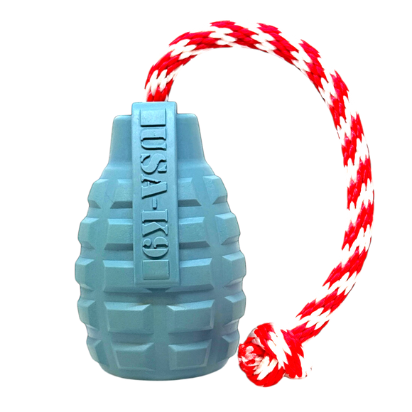 USA-K9 Grenade Durable Rubber Chew Toy, Treat Dispenser, Reward Toy, Tug Toy, and Retrieving Toy  - Steel Blue