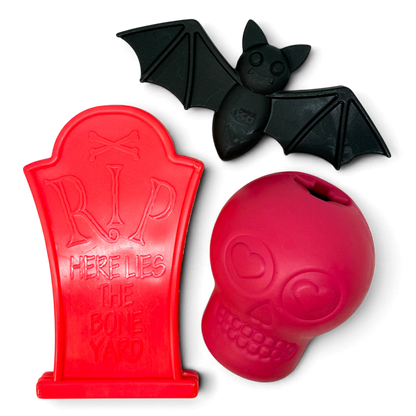 Halloween Bundle: red Headstone nylon chew, black Bat nylon chew, and pink Sugar Skull treat dispenser
