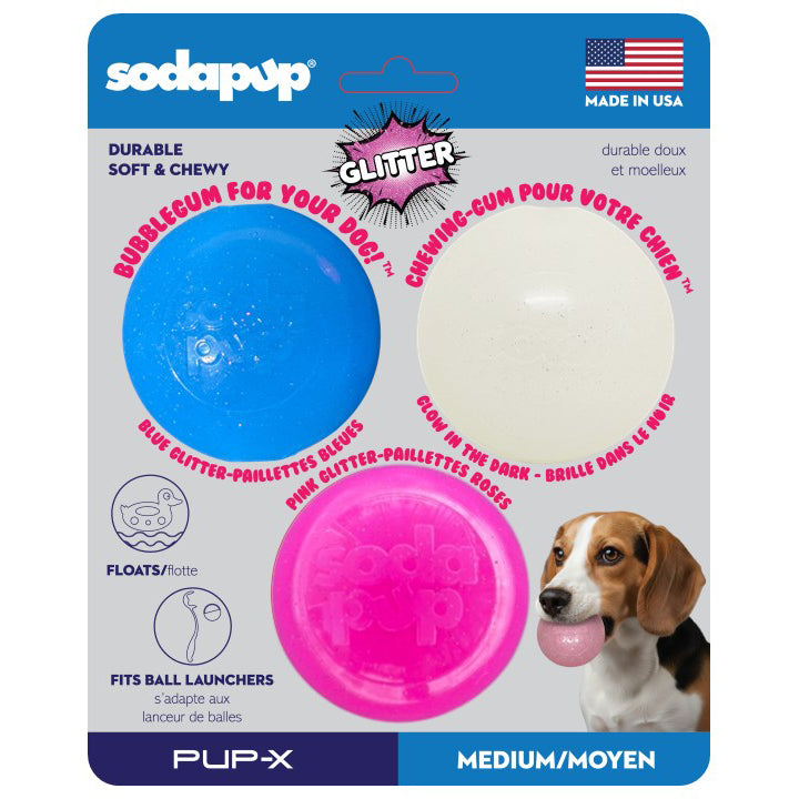 Glitter Ball 3-Pack Dog Toy | Soft PUP-X Rubber Floating Fetch Ball with Treat Dispenser | USA Made - SodaPup/True Dogs, LLC