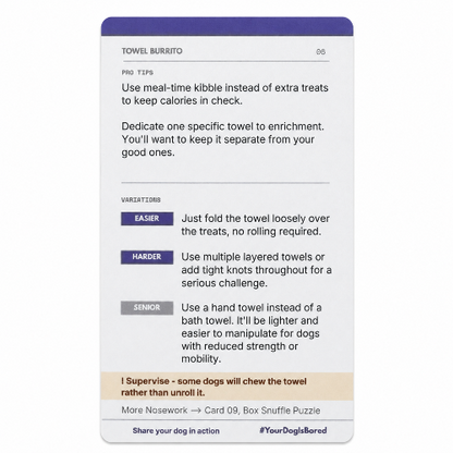 A vertical printed card with a white background and purple header/footer bars, containing instructions and variations for a dog toy or treat-related product titled TOWEL BURRITO. The card includes text such as 'Use meal-time kibble instead of extra treats' and color-coded labels like EASIER, HARDER, and SENIOR.