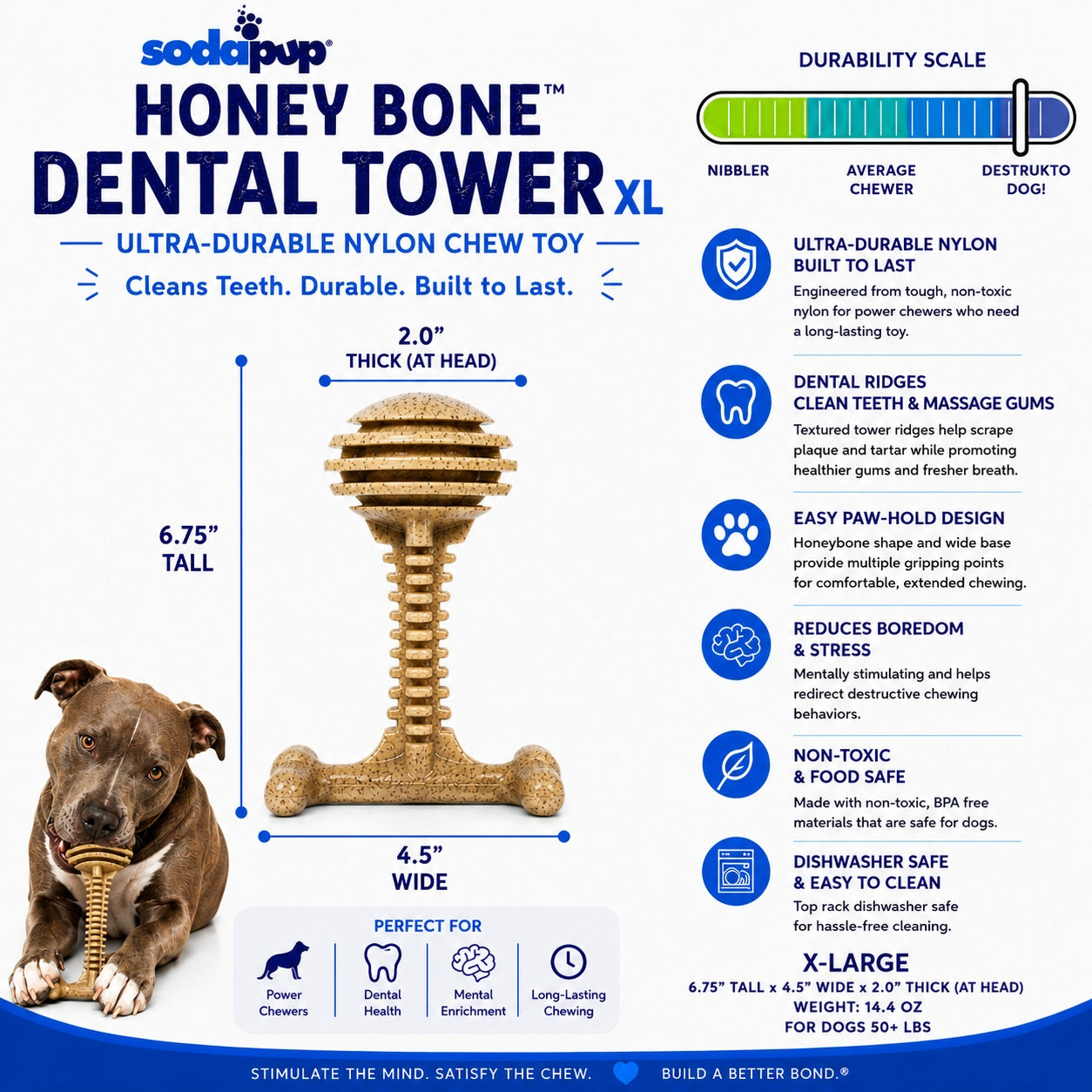 SodaPup Honey Bone Dental Tower Indestructible Nylon Dog Chew Toy XL | USA Made