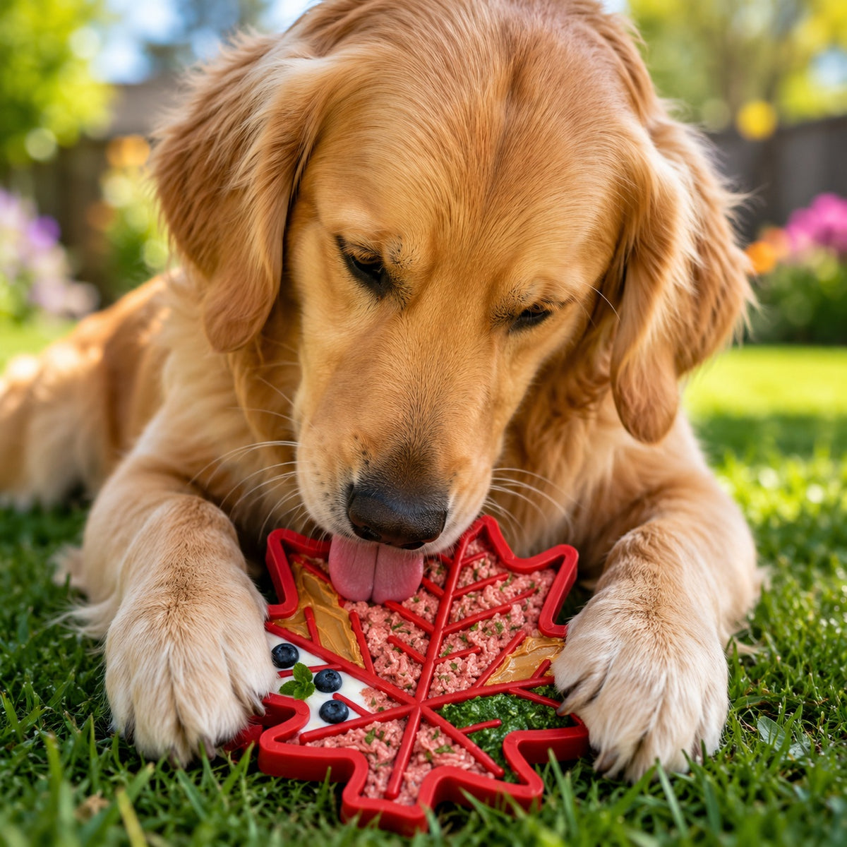 Golden retriever licking a filled Maple Leaf in the grass