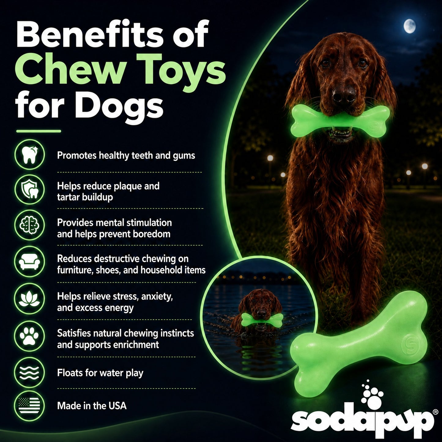 PUP-X Rubber Glow in the Dark Chew Bone Dog Toy - Durable, Floats, Chew Toy for Large Dogs | USA