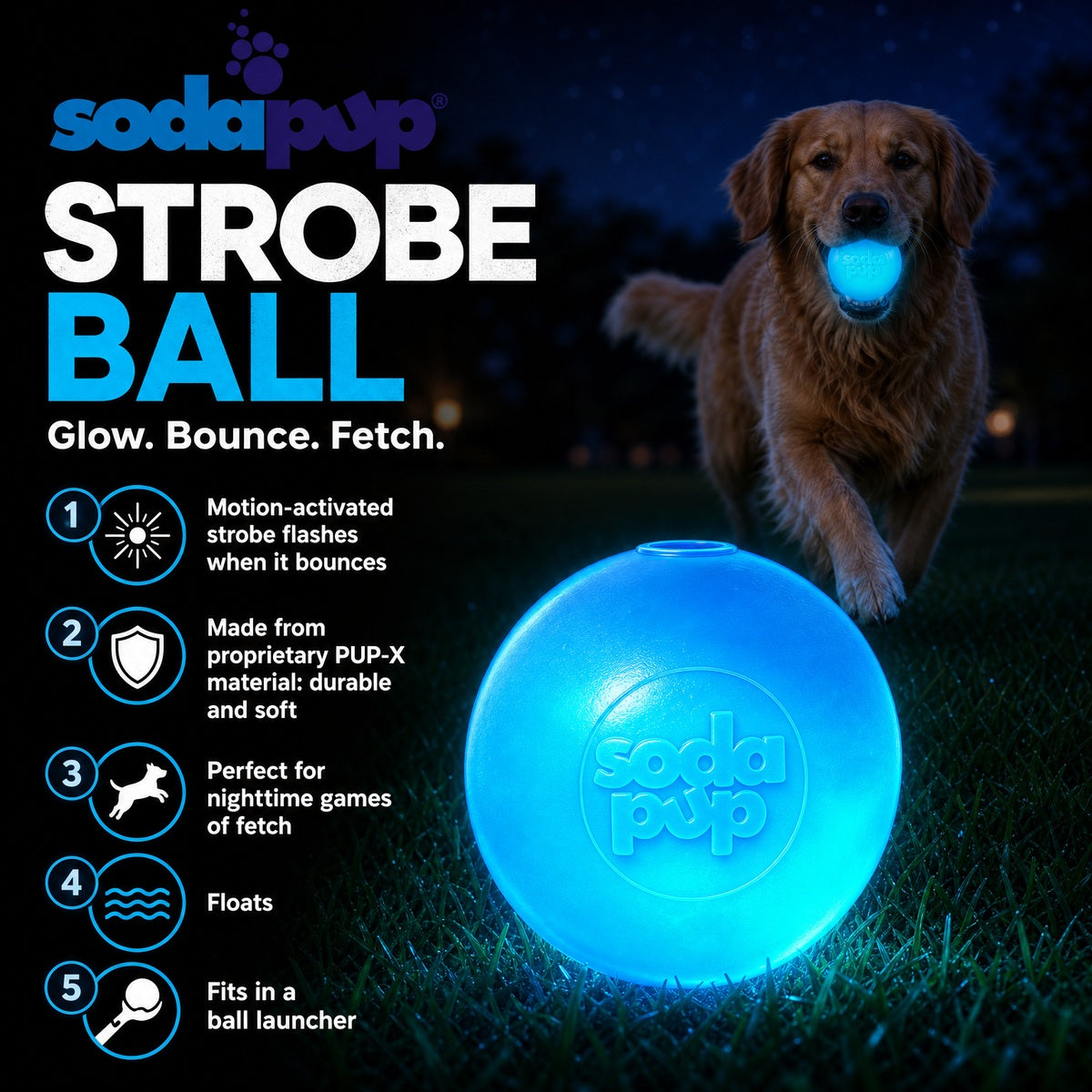 Strobe Ball Light-Up Dog Toy - Durable Floating Chew Ball | Made in USA - SodaPup/True Dogs, LLC