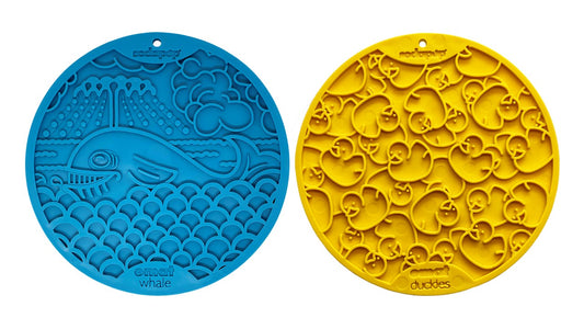 SodaPup Whale & Duckies Dog Lick Mat Bundle | 2-Pack Bathtub eMat Suction Cups Yellow E-Mat / Blue
