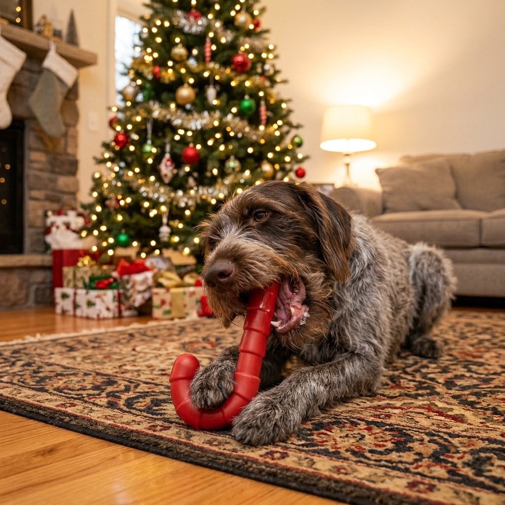 Wirehaired pointer chewing a Candy Cane toy on a rug by a Christmas tree