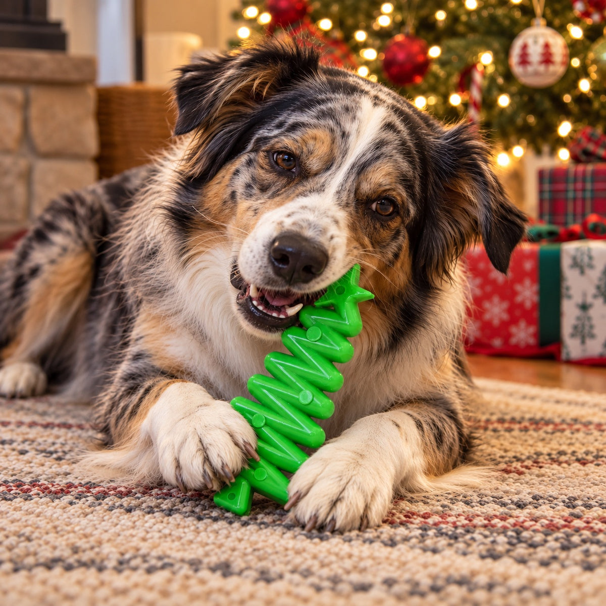 Australian shepherd lying on a rug by a Christmas tree chewing a Christmas Tree toy