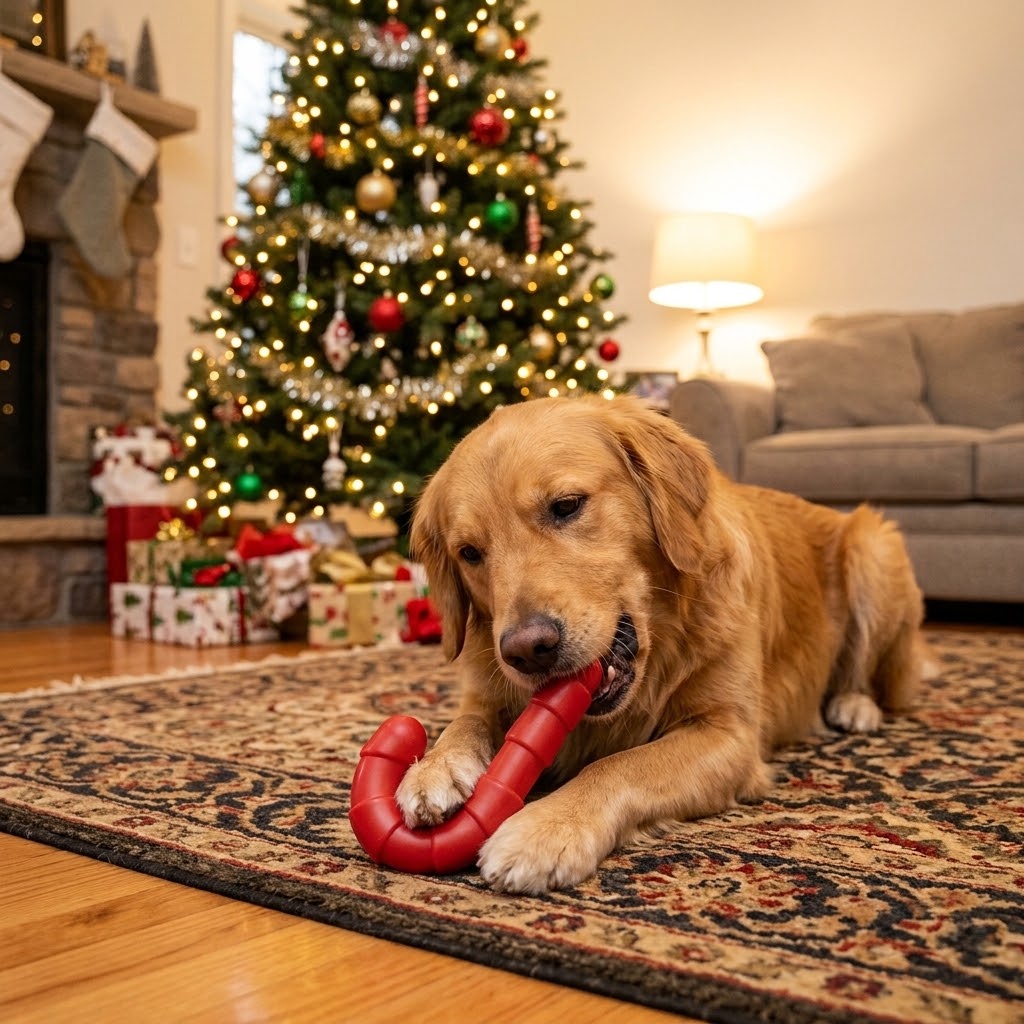 Golden retriever chewing a Candy Cane toy on a rug by a Christmas tree