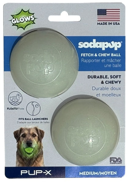 Glow in the Dark Glitter Ball 2-Pack Dog Toy | Soft PUP-X Rubber Floating Fetch Ball with Treat Dispenser | USA Made