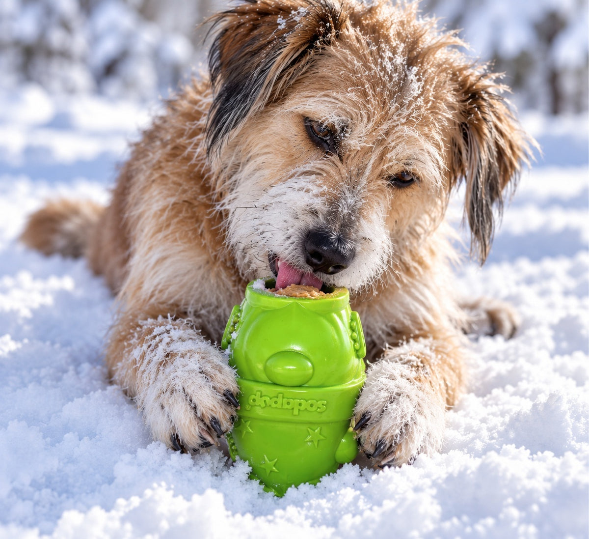 Shaggy dog lying in the snow licking a Gnome toy
