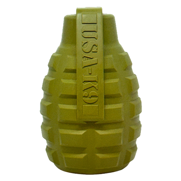 Green dog toy shaped like a grenade with 'USA-K9' branding on a white background