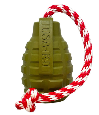 SodaPup USA-K9 Grenade Shaped Rubber Dog Toy Chew, Treat Dispenser & Tug | USA Army Green LARGE REWARD
