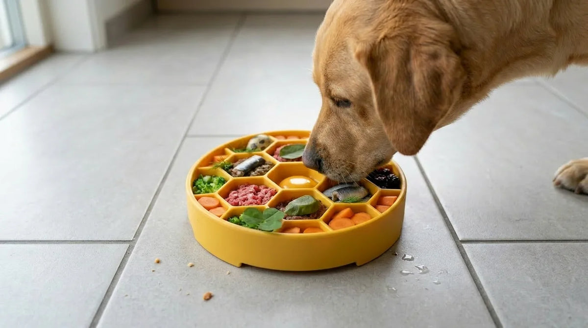 Dog eating from a yellow SodaPup Honeycomb eBowl slow feeder filled with fresh food