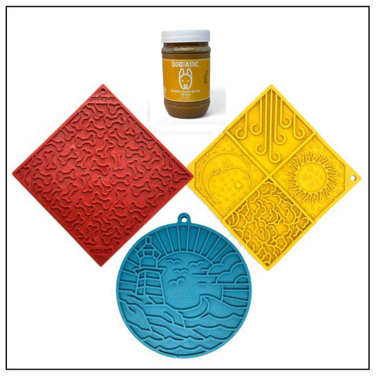 SodaPup Dog Lick Mat Bundle 3 eMat Enrichment Mats + Peanut Butter | Anxiety Relief & Slow Feeder Set