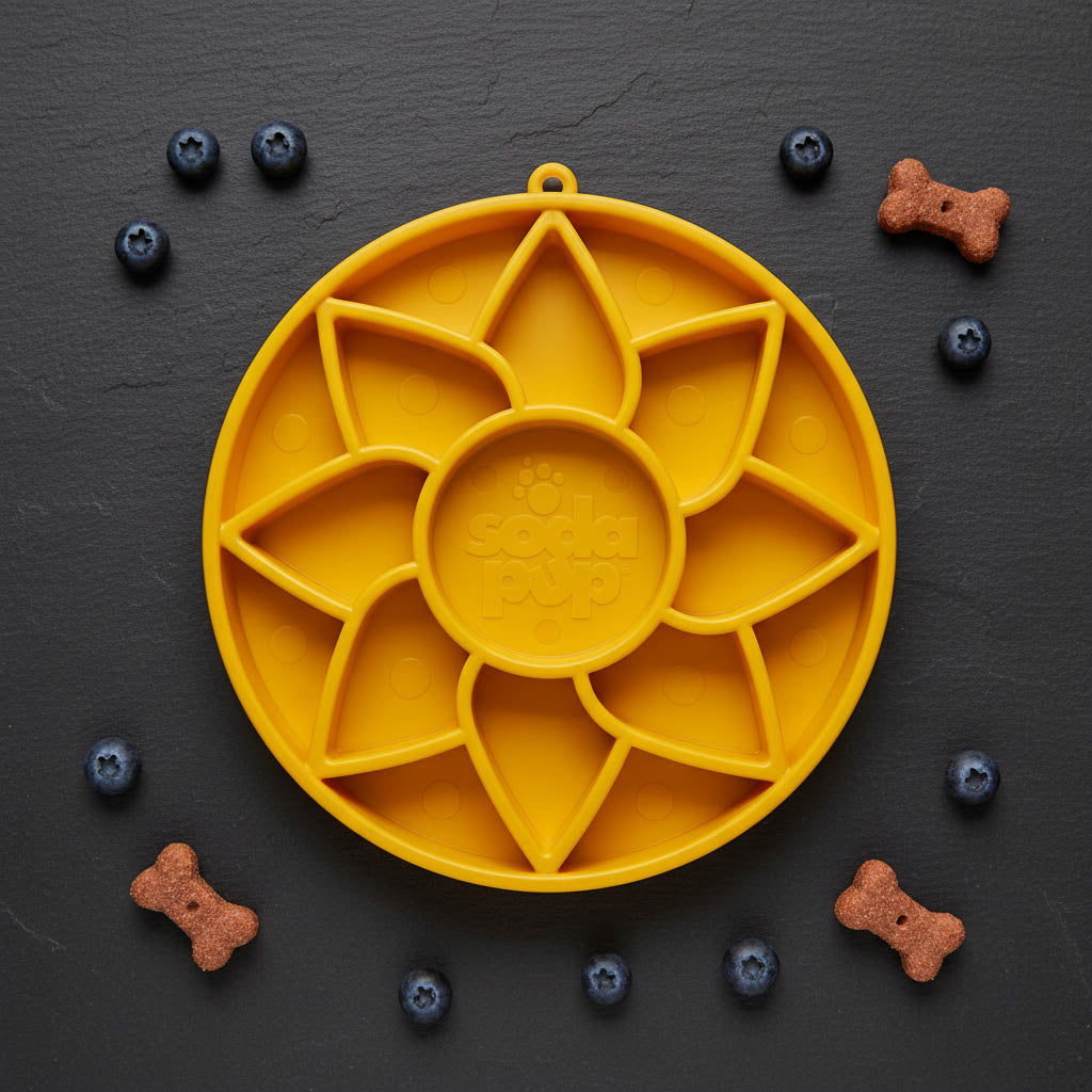 SodaPup Sunflower Softie eTray Slow Feeder Dog Bowl | Soft Shallow Lick Mat Yellow & Purple USA Made