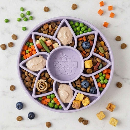 SodaPup Sunflower Softie eTray Slow Feeder Dog Bowl | Soft Shallow Lick Mat Yellow & Purple USA Made
