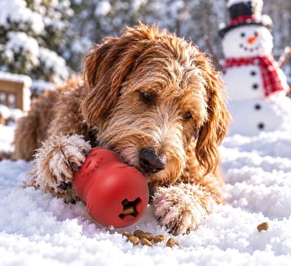 Goldendoodle lying in the snow chewing a red Snowman toy