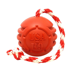 Red USA-K9 Stars and Stripes rubber ball with a red and white rope