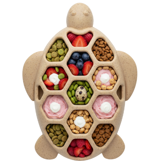 Turtle-shaped pet treat dispenser with various treats on a white background