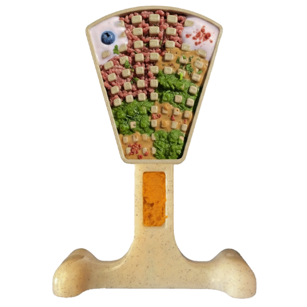 SodaPup Waffle Tower nylon chew toy with its waffle grid filled with meat, vegetables, and berries
