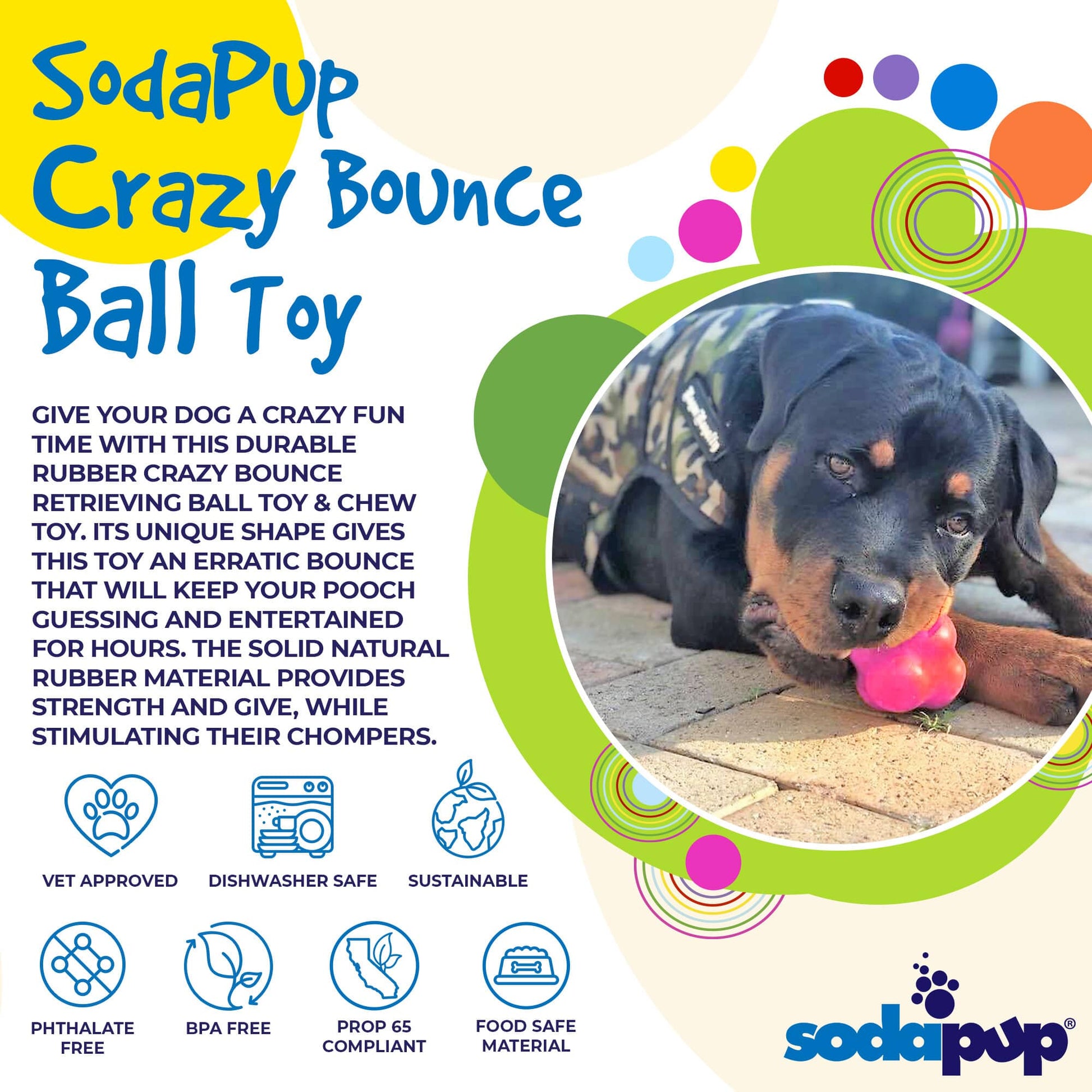 SodaPup Crazy Bounce Rubber Dog Chew Toy Power Chewers | Retrieving Ball USA Made