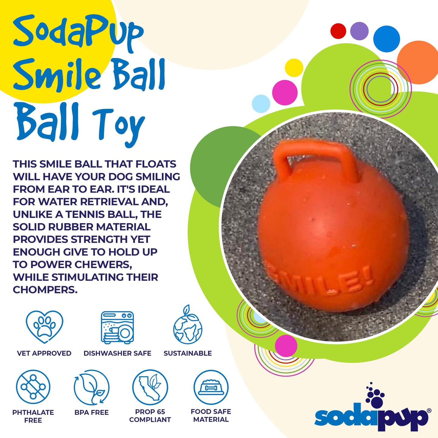 SodaPup Smile Ball Rubber Dog Chew Toy Heavy Chewers | Floating Fetch USA Made