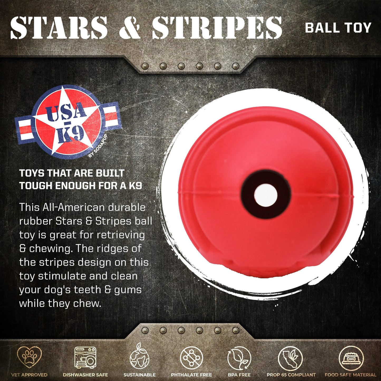 SodaPup USA-K9 Stars Stripes Rubber Dog Toy | K9 Handler Reward Red USA Made