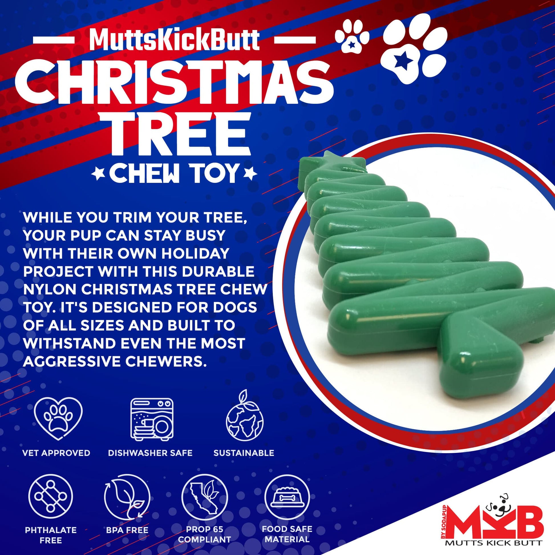 SodaPup Christmas Tree Nylon Dog Chew Toy Aggressive Chewers | USA Made & FDA Compliant